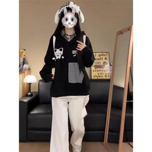 WM日系复古撞色拼接假两件衬衫卫衣男女潮牌宽松休闲翻领套头上衣图片