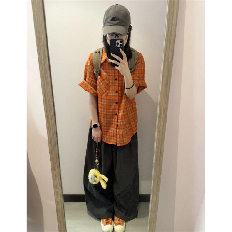美式橙色设计格纹长袖衬衫男女宽松情侣格子复古铆钉衬衣DXC01P30,男装衬衫,电商D256