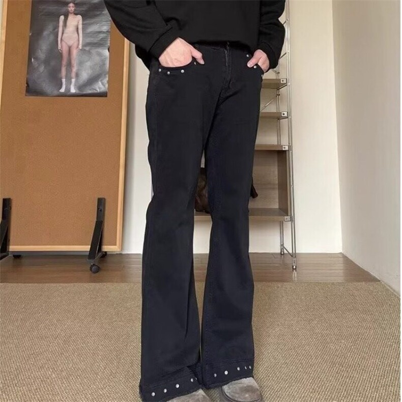美式高街vibe铆钉微喇工装裤男cleanfit破坏休闲显瘦直筒长裤,男装牛仔裤,星座410-7