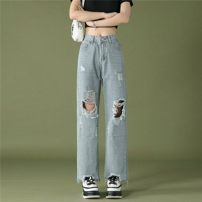 k1019-p50-控78 M-5XL 现货oversize cleanfit风黄泥牛仔裤破洞图片