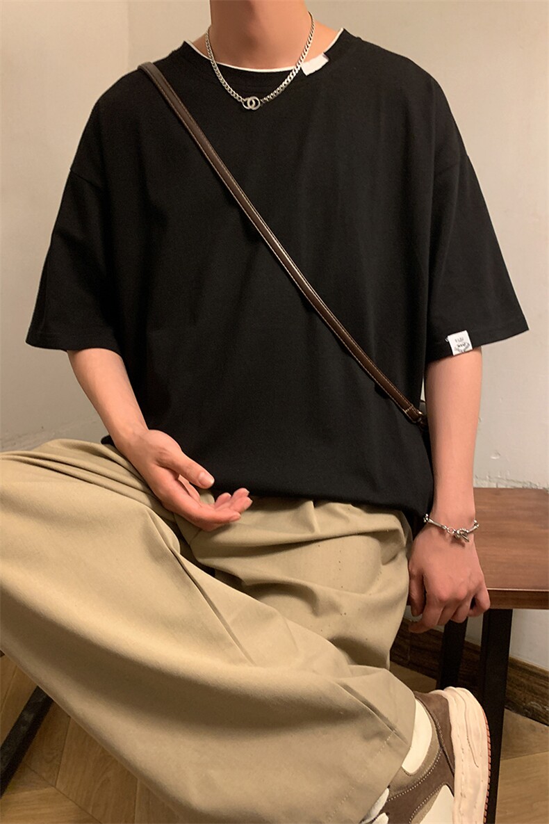 GENIOLAMODE美式夏季纯棉短袖T恤男士复古简约百搭纯色潮牌青少年,男装T恤,星座717