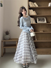 2026春季新款温柔风荡领长袖T恤+格纹半身裙两件套韩系显瘦套装，女装套装/套裙，艾米莉亚