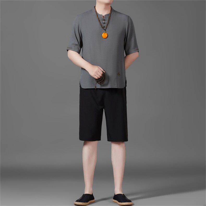 棉麻盘扣2025夏季亚麻绣花大码风男士透气短裤套装MJ5105B-P95,男装休闲套装,星座1105-3