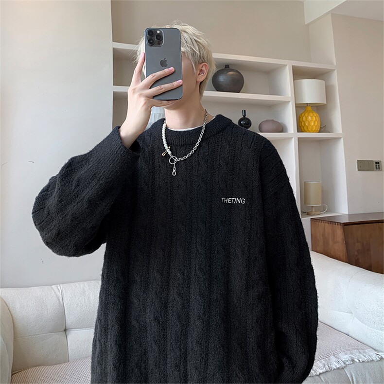 粗线麻花刺绣宽松磨毛慵懒风套头圆领毛衣男MY6363-P60-控88,男装针织衫/毛衣,电商B219A