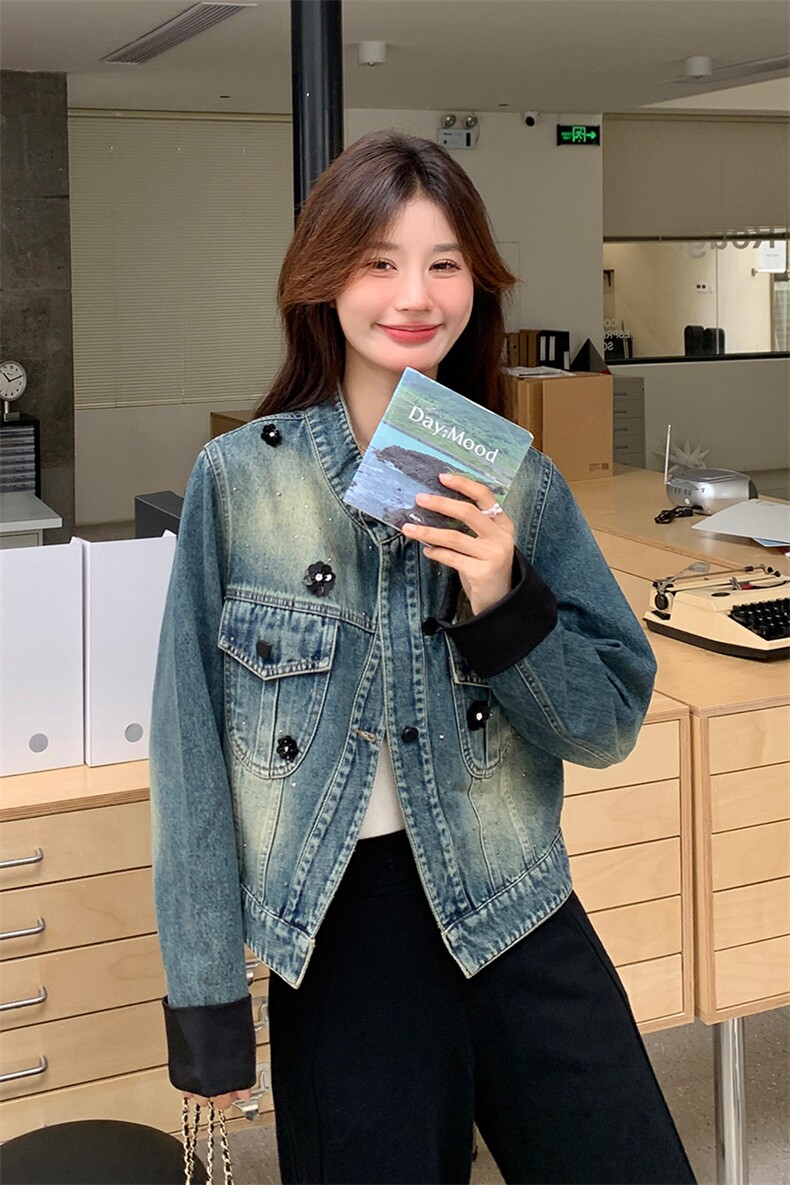 韩版复古设计感短款牛仔外套女2025春秋季新款显瘦高级感百搭上衣,女装短外套,纯色衣恋