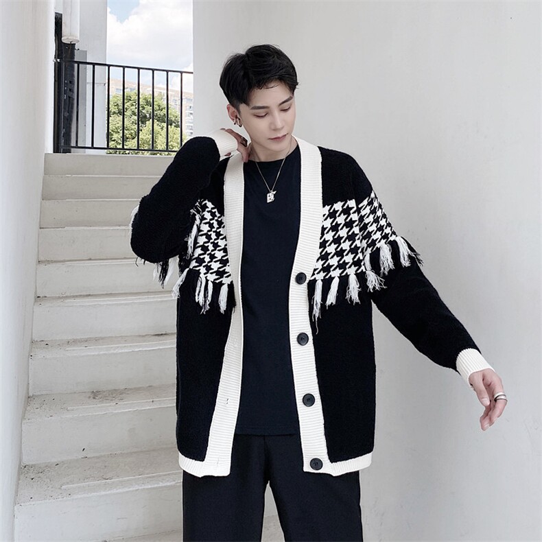 新款千鸟格针织开衫毛衣男时尚流苏百搭毛衫外套A452--MY24--P115，男装针织衫/毛衣，电商A452