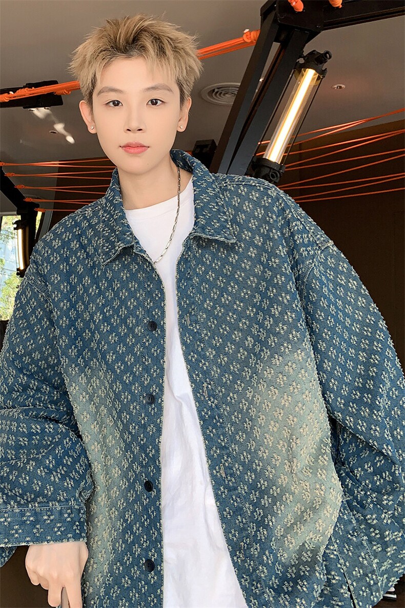 特批P55无差价25春设计感提花牛仔服夹克男复古大码翻领外套NJ151,男装夹克,电商A001-1