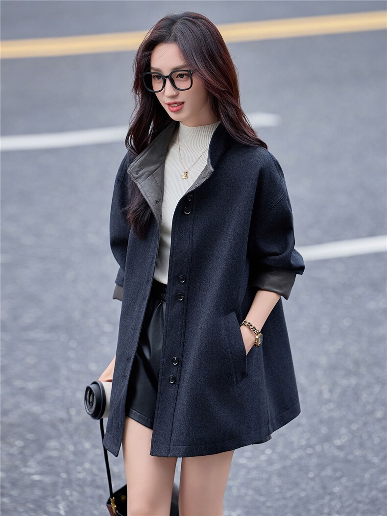 赫本风设计感灰色羊毛大衣女2025年秋冬季宽松休闲遮肚毛呢外套,女装毛呢外套,靓衣阁