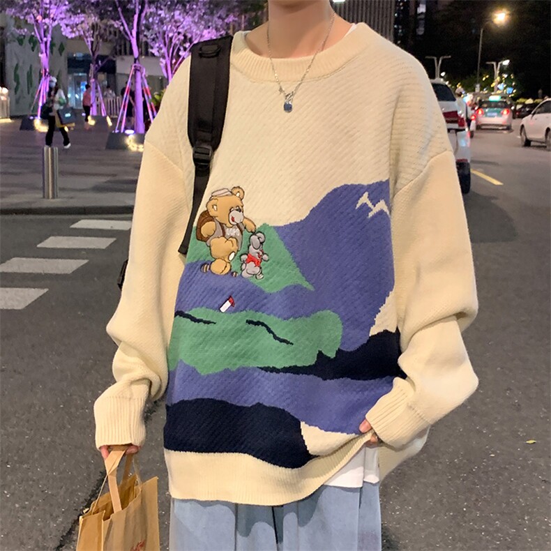 潮牌慵懒风小熊情侣毛衣日系古着男卡通针织衫复古毛衣M229-P46,男装针织衫/毛衣,星座512-4