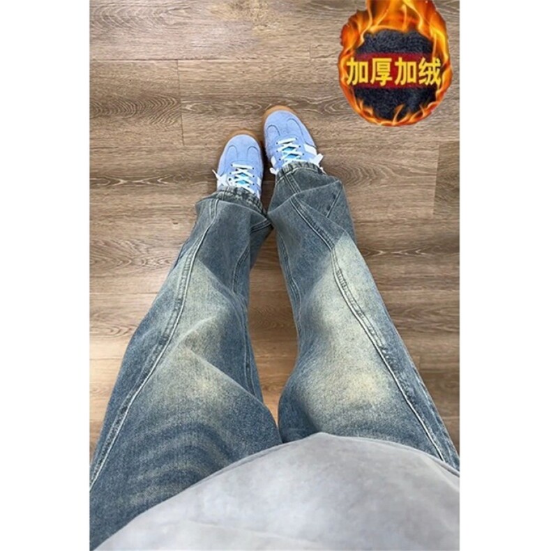 蓝色斜切牛仔裤秋冬加绒cleanfit显瘦弯刀裤子修身 N210图片