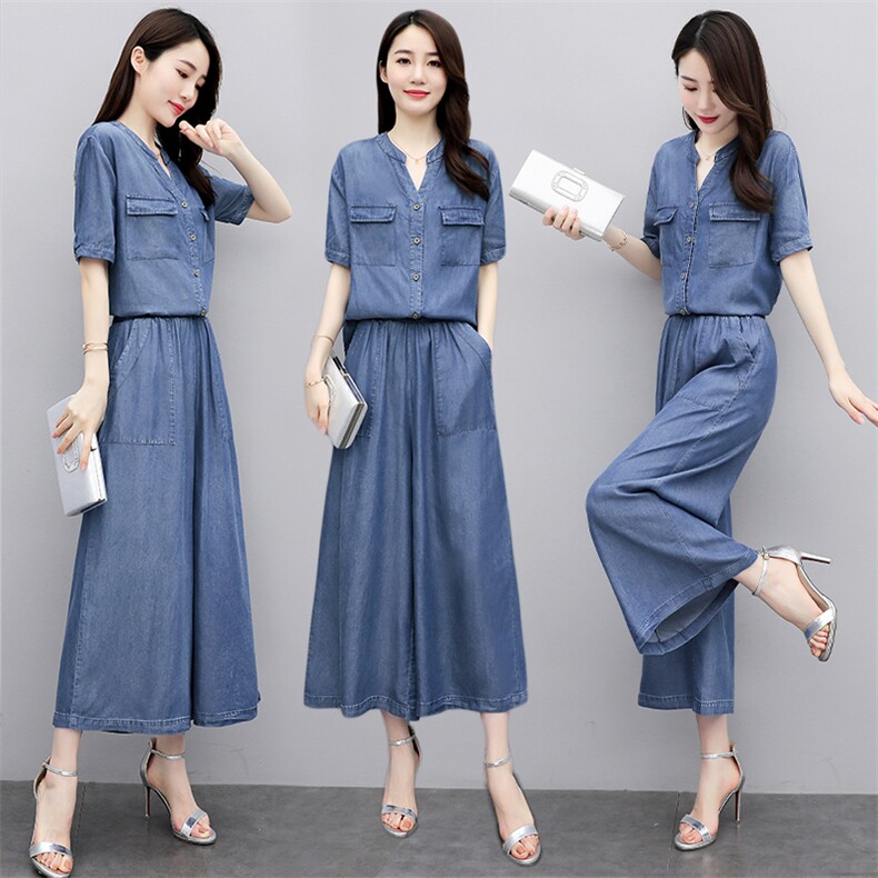 天丝牛仔套装女夏季2025新款时尚减龄遮肚子显瘦薄款阔腿裤两件套,女装套装/套裙,魅影