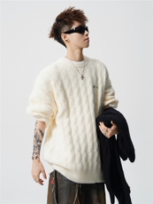 粗线麻花刺绣宽松磨毛慵懒风套头圆领毛衣男MY6363-P60-控88，男装针织衫/毛衣，电商B219A