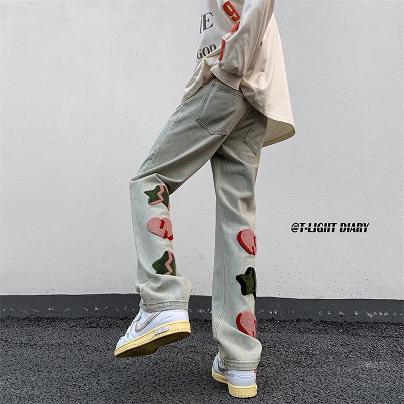 B221美式ins高街小众情侣款毛巾绣直筒牛仔裤LK23021-P65控88,男装牛仔裤,电商B221