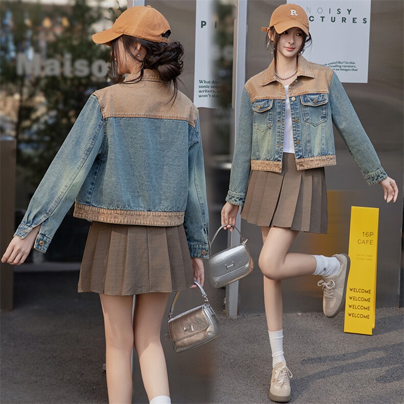 2025春季新款设计感拼接撞色短款休闲牛仔外套女小个子夹克上衣潮，女装牛仔外套，潮流依族