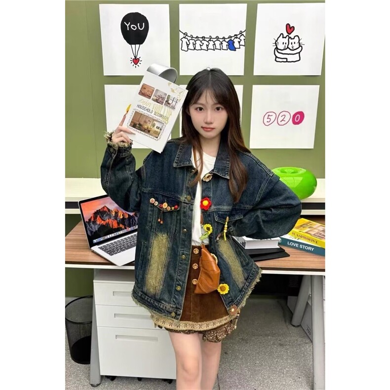 2580-P73做旧水洗牛仔外套女花朵2025新款设计感宽松百搭休闲,男装工装外套,电商B323A