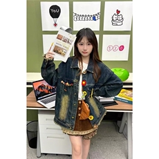2580-P73做旧水洗牛仔外套女花朵2025新款设计感宽松百搭休闲，男装工装外套，电商B323A