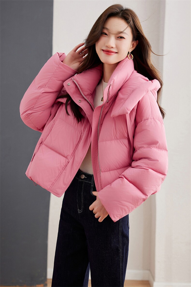 咖色羽绒服女2025新款宽松小个子连帽面包服白鸭绒短款外套,女装羽绒服,梦懿尔