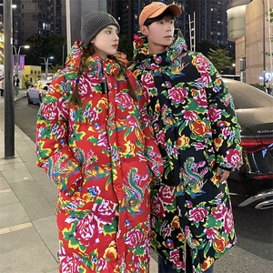 A5长款棉衣外套东北大花风汉服男女宽松保暖防寒连帽棉袄情侣图片