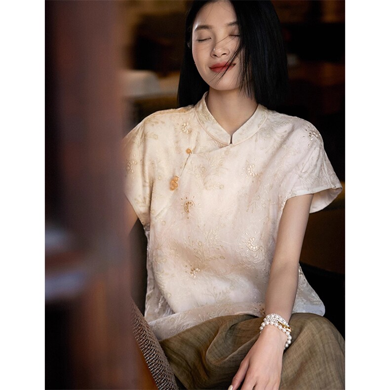花上千枝·重工刺绣新中式立领真丝小上衣女新款,女装衬衫,梦白服饰厂