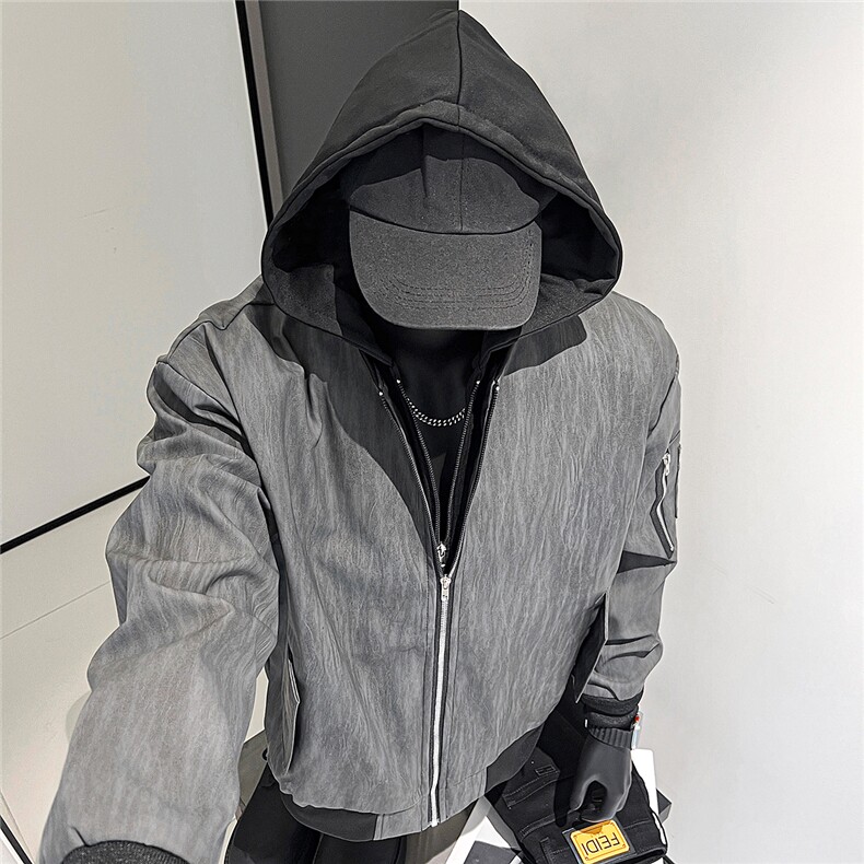 美式连帽假两件男秋季宽松休闲短款pu皮纹理夹克外套JK07638-P78图片