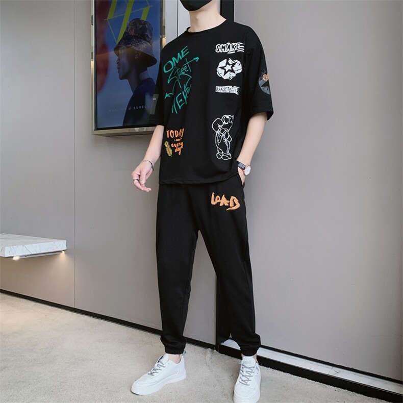 2024夏季新款套装青少年短袖T恤男装宽松运动两件套装F306P68,男装休闲套装,电商A086