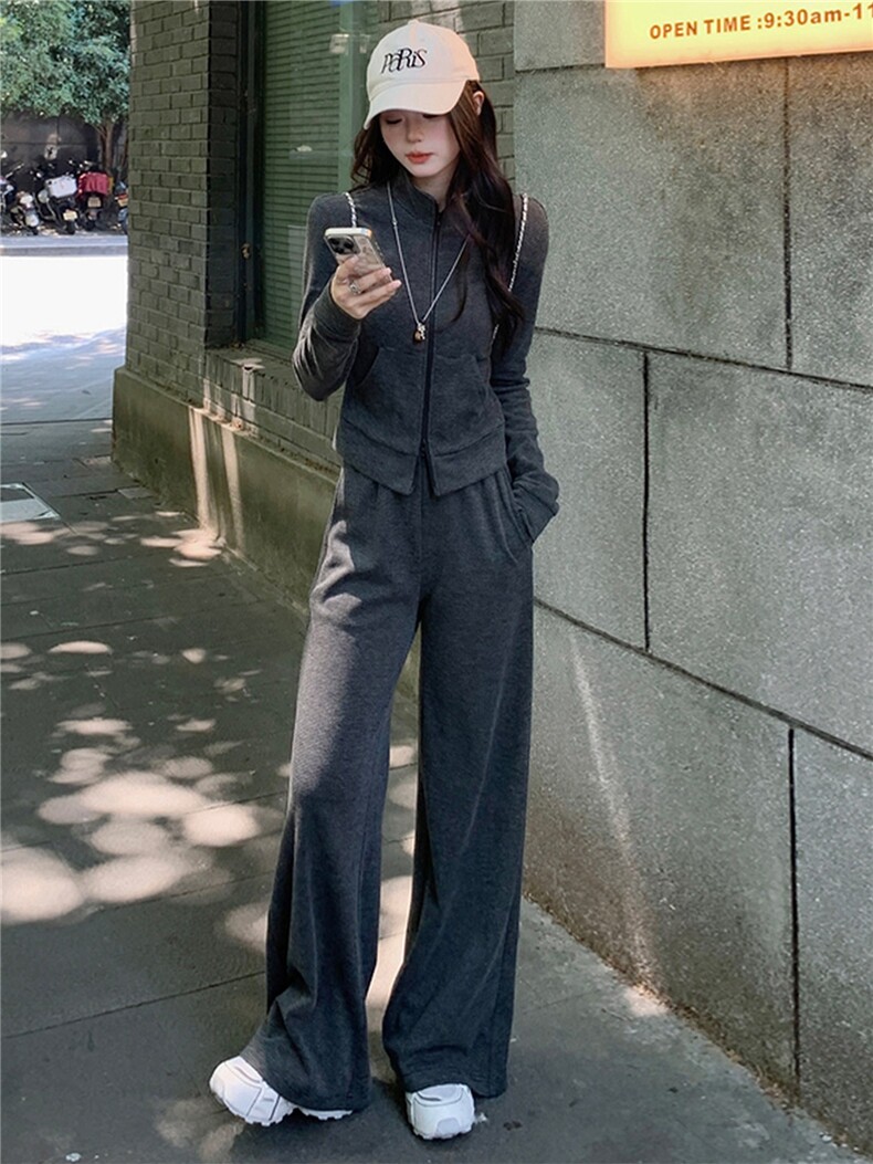 韩版休闲运动套装秋季新款女修身立领卫衣直筒长裤两件套洋气减龄,女装套装/套裙,江南