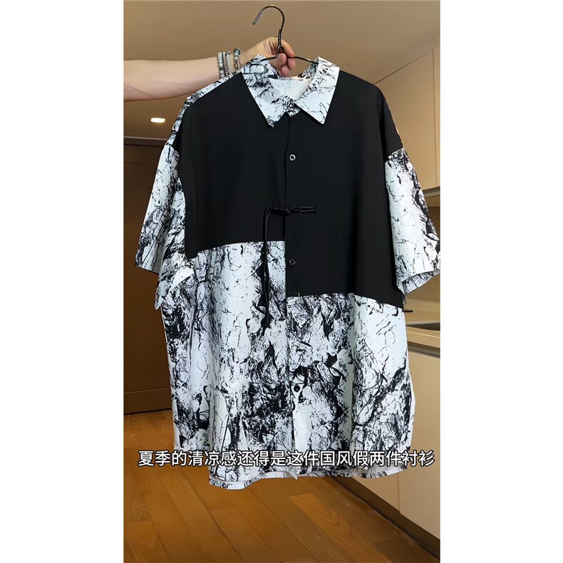 夏款风盘扣拼接短袖衬衫男夏季宽松休闲半袖衬衣CS605-特P33,男装衬衫,电商A006
