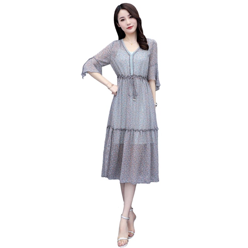 套装/套裙2022年夏季五分袖中长款印花两件套抽褶,女装套装/套裙,岚衣(原川流布茜）