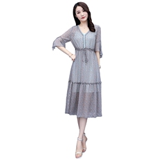 套装/套裙2022年夏季五分袖中长款印花两件套抽褶，女装套装/套裙，岚衣(原川流布茜）