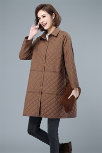 2021秋冬时尚百搭新款格纹棉服纯色简约衬衫式棉衣中长款女图片