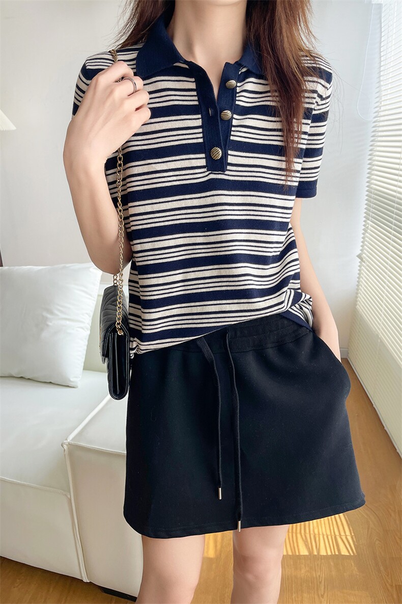 100纯棉短袖t恤女夏季韩版新款针织条纹polo衫外穿宽松上衣打底衫,针织衫/毛衣,玛莎羊绒