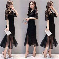 2022夏季新款优雅蕾丝中腰长裙修身显瘦气质红色连衣裙，女装连衣裙，时尚俏佳人