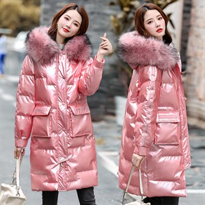 2021亮皮中长款修身加厚通勤拉链连帽纯色气质大毛领时尚潮棉衣，女装棉衣/棉服，艾仟回(原伊仟回)