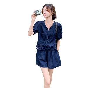 小香风牛仔套装裤女夏薄2025新款流行高级松弛感冷淡风高腰短裤图片