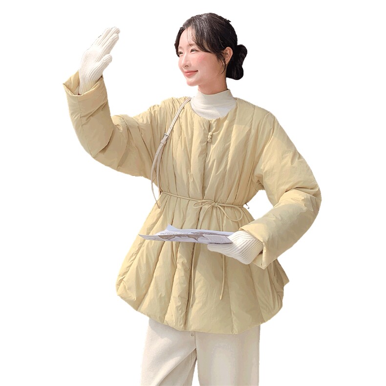 2025年冬季韩版圆领真毛领系带收腰羽绒服,女装羽绒服,鑫鑫美