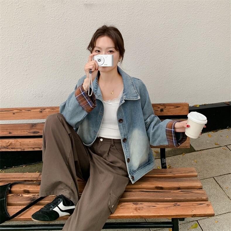 格子拼接牛仔外套女春秋2025新款百搭流行别致独特设计感夹克上衣,女装牛仔外套,慕依路