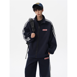 8XL-M条纹撞色开衫新年红卫衣运动套装潮牌运动服校园风TZ114P118图片