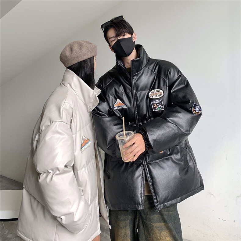 23冬装新款美式复古徽章皮棉服pu情侣棉衣面包服外套男D333P118,男装棉衣,电商A335-1（原A458）