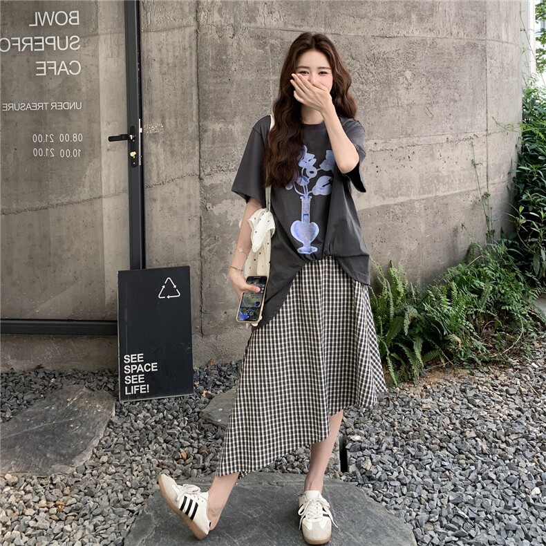 学院风休闲T恤格子半身裙套装女2025夏新款韩版宽松小个子两件套,女装连衣裙,2C201