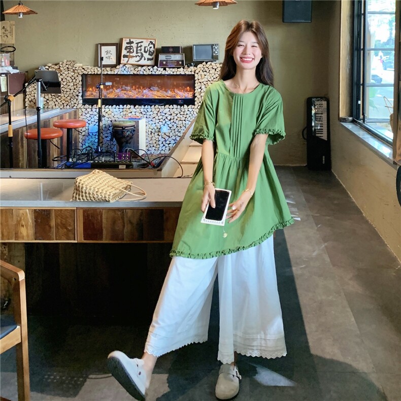 森系小清新木耳边娃娃小衫阔腿裤两件套女2025夏季新款慵懒风宽松,女装套装/套裙,2C113