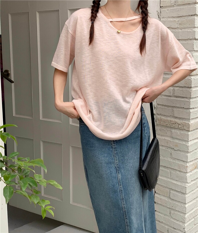 夏季新款简约百搭短袖针织衫女宽松休闲上衣,针织衫/毛衣,伟祺羊绒