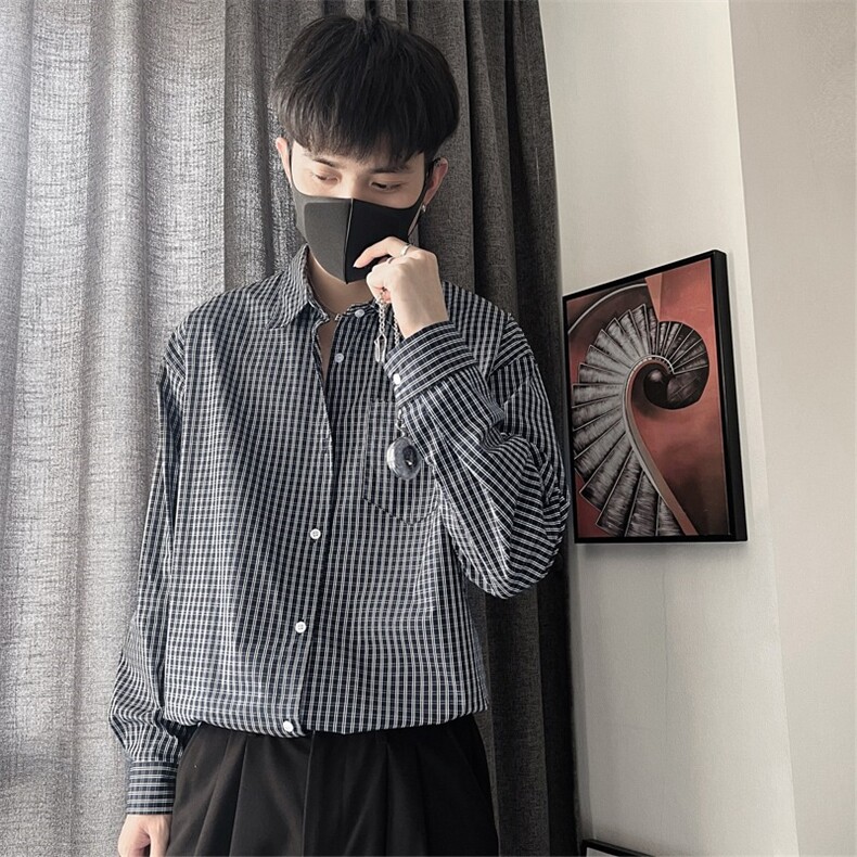 黑白格子衬衫男士日系长袖衬衣,男装衬衫,星座410-7