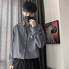 黑白格子衬衫男士日系长袖衬衣，男装衬衫，星座410-7