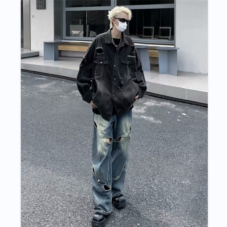 美式高街破洞牛仔外套男字母韩版潮流2026春季ins夹克W5332-P63,男装工装外套,星座412-2
