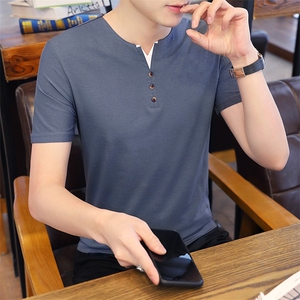 夏天男装短袖t恤纯棉男士修身上衣v领polo衫男半袖TST002-P25,白色纯洁女装搭配图片