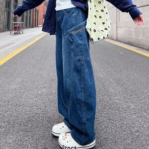秋冬新款蓝色美式工装裤子复古设计感大口袋弯刀拖地阔腿牛仔裤女图片
