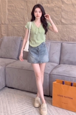 女夏新款时尚套装裙气质显瘦蕾丝拼接蝴蝶结针织衫牛仔短裙两件套，女装套装/套裙，江南