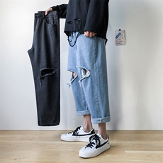 破洞牛仔裤男夏季九分裤痞帅潮牌韩版潮流宽松直筒乞丐裤N027-P35，男装牛仔裤，星座1008-1