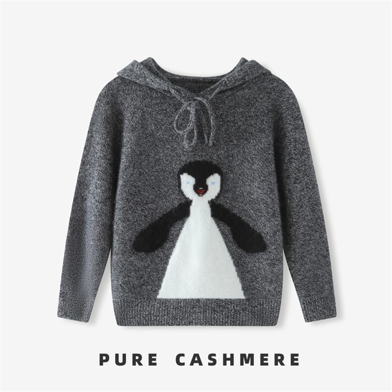 可爱小企鹅图案羊绒儿童连帽毛衣柔软舒适保暖时尚，童装毛衣，宛庄羊绒