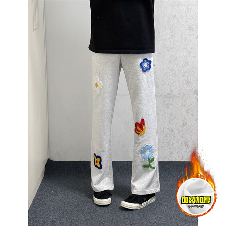 抖音得物高品质秋冬季重磅花卉刺绣潮流运动宽松加绒直筒休闲卫裤，男装休闲裤，电商A486-1